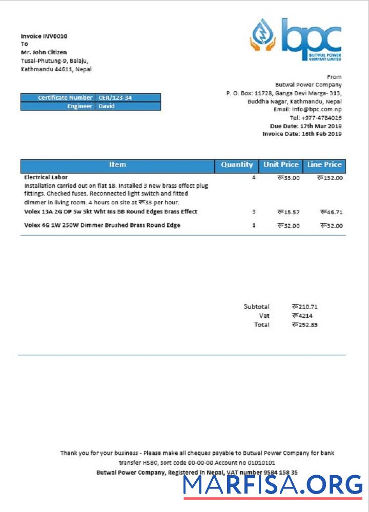 Printable Nepal Butwal Power Company Limited electricity utility bill template in Word and PDF format